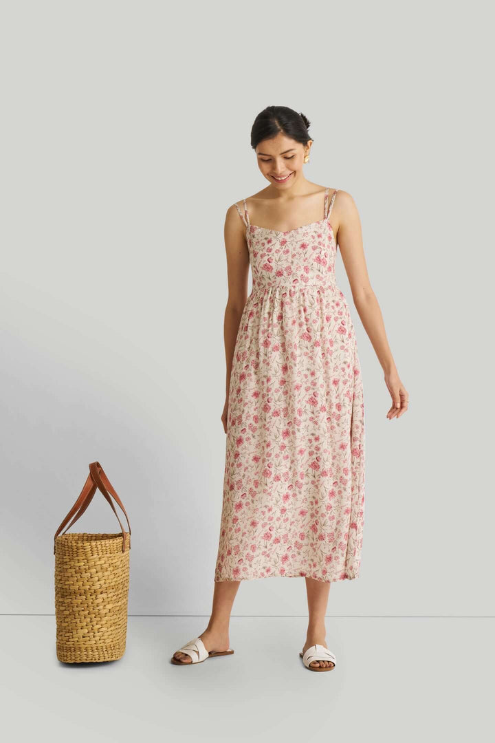 Strappy Gathered Midi Dress in Pink Florals