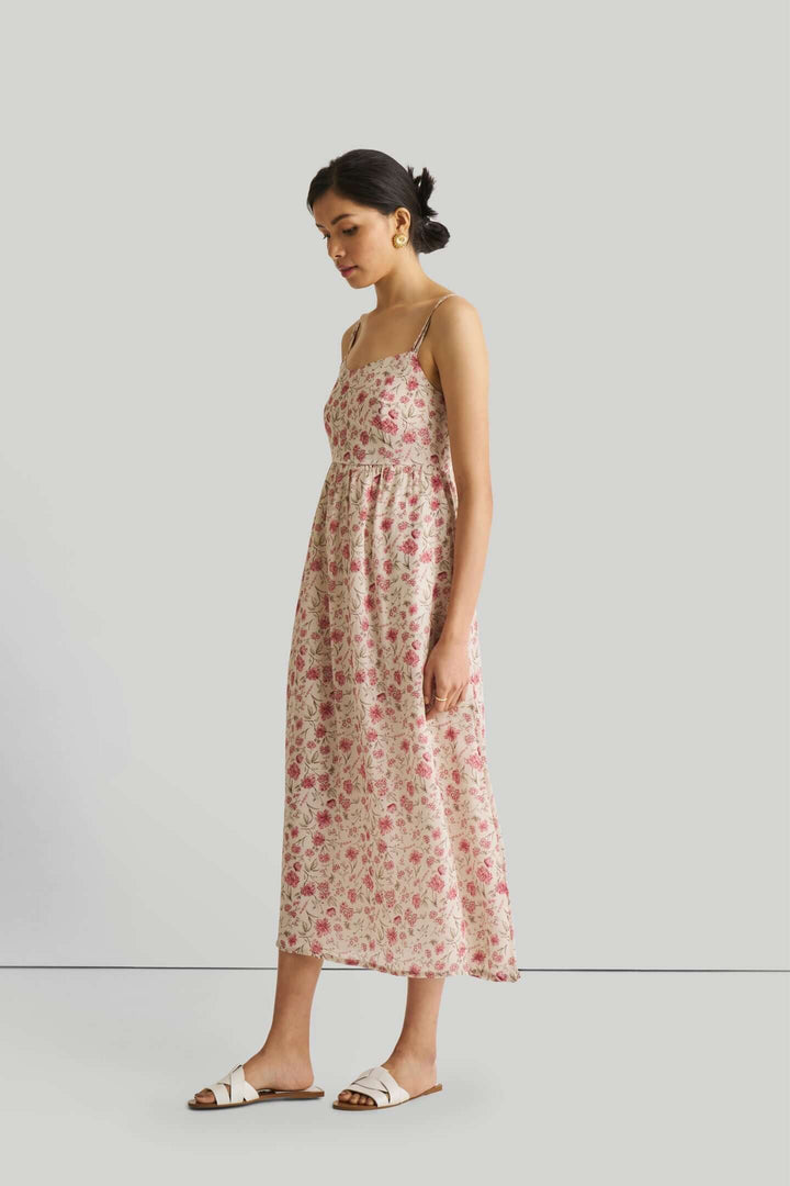 Strappy Gathered Midi Dress in Pink Florals