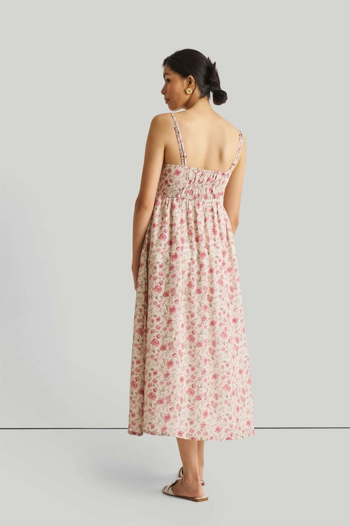 Strappy Gathered Midi Dress in Pink Florals