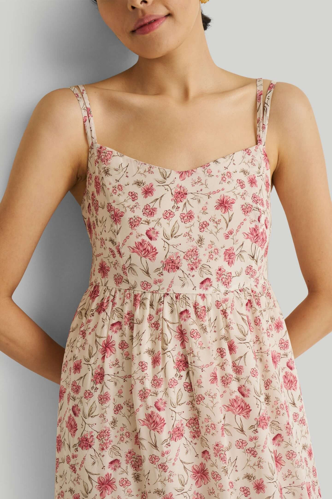 Strappy Gathered Midi Dress in Pink Florals