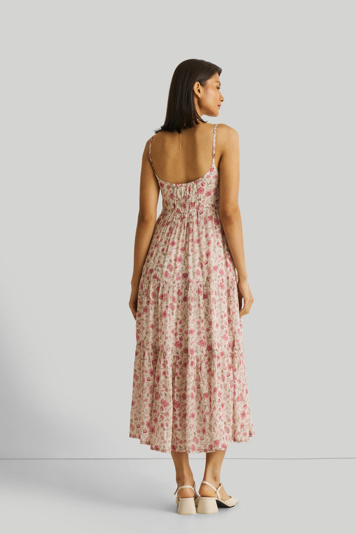 Strappy Tiered Maxi Dress in Pink Florals