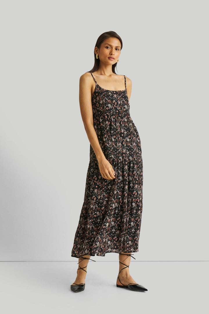 Strappy Tiered Maxi Dress in Black Florals