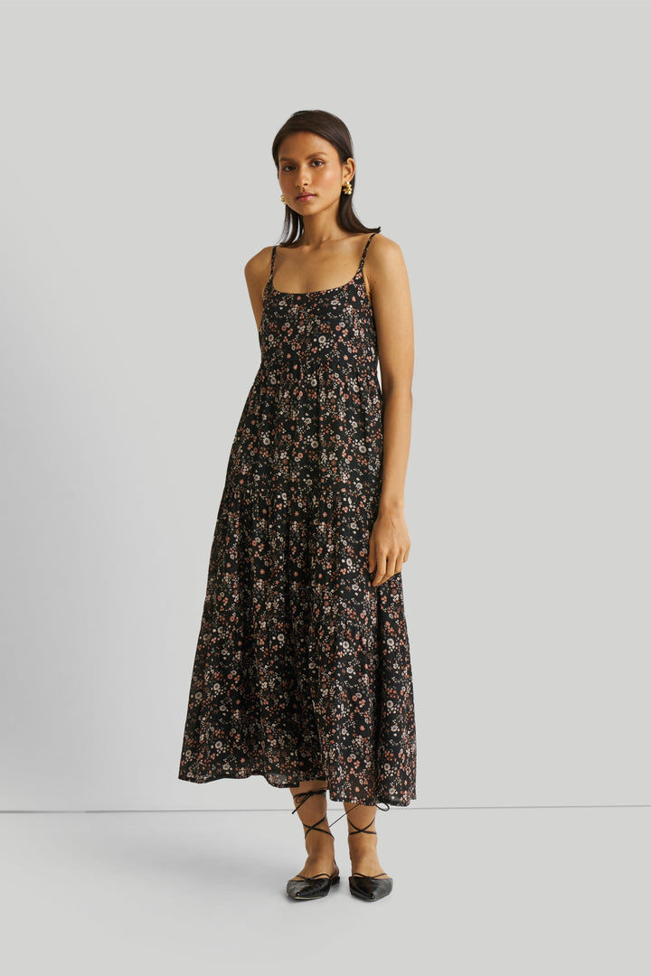 Strappy Tiered Maxi Dress in Black Florals