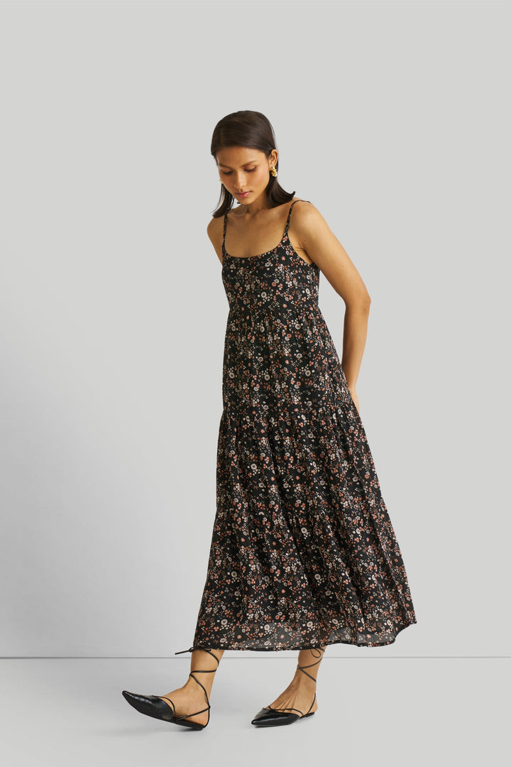 Strappy Tiered Maxi Dress in Black Florals