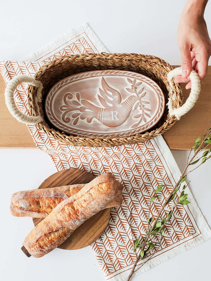 Monogrammed Bread Warmer & Basket Gift Set with Tea Towel - Bird Oval