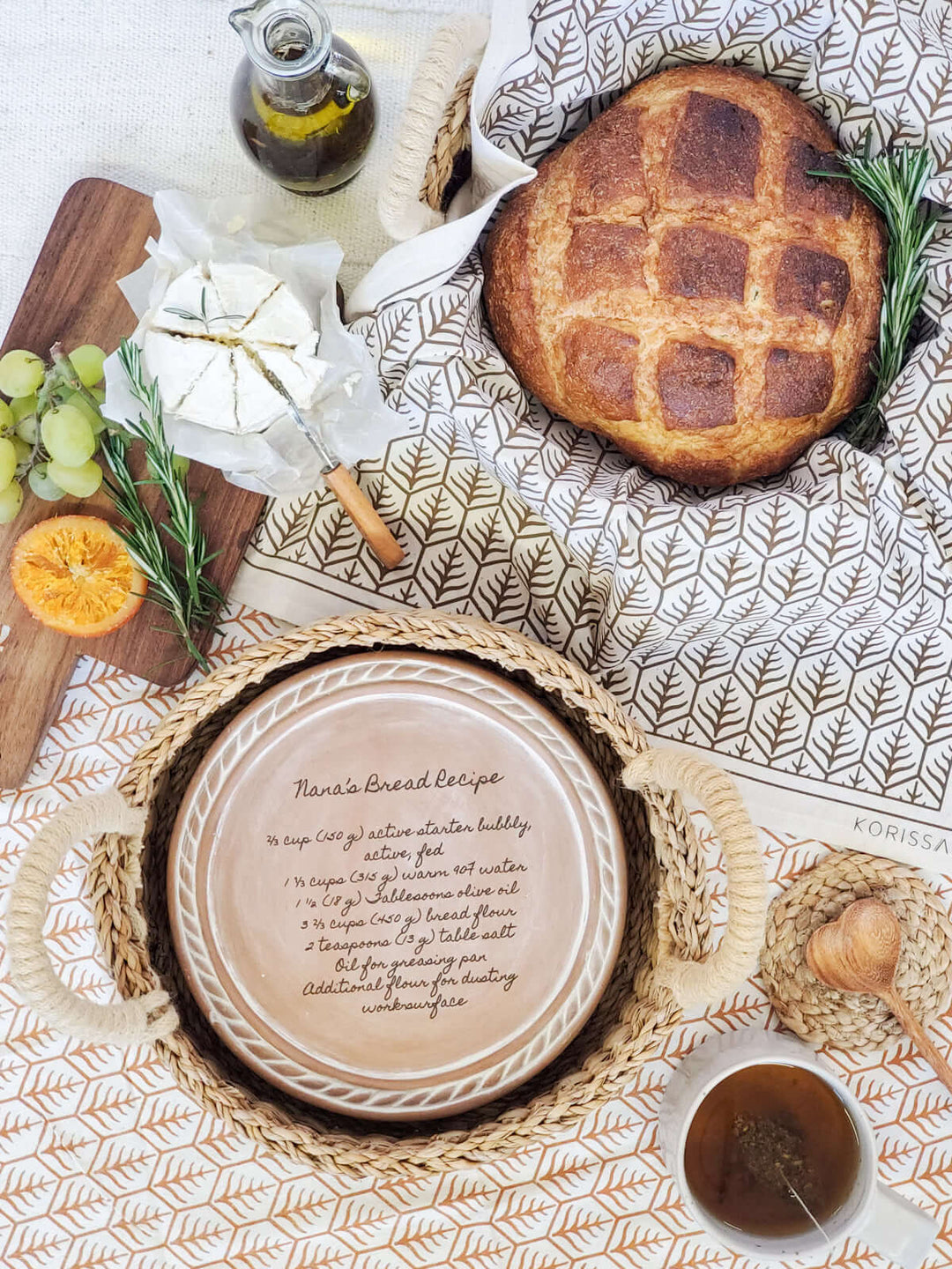 Personalized Bread Warmer & Basket Gift Set with Tea Towel - Recipe Round