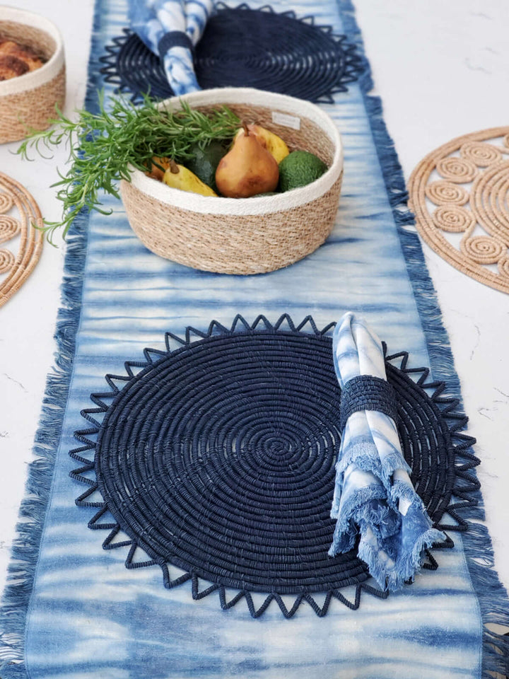 Tie Dye Cotton Table Runner - Indigo Blue