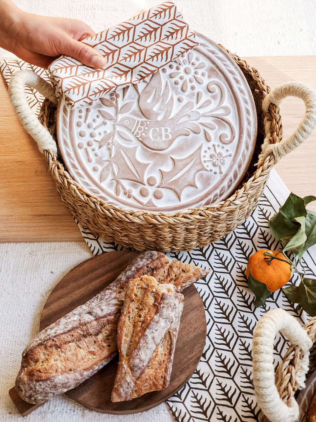 Monogrammed Bread Warmer & Basket Gift Set with Tea Towel - Bird Round