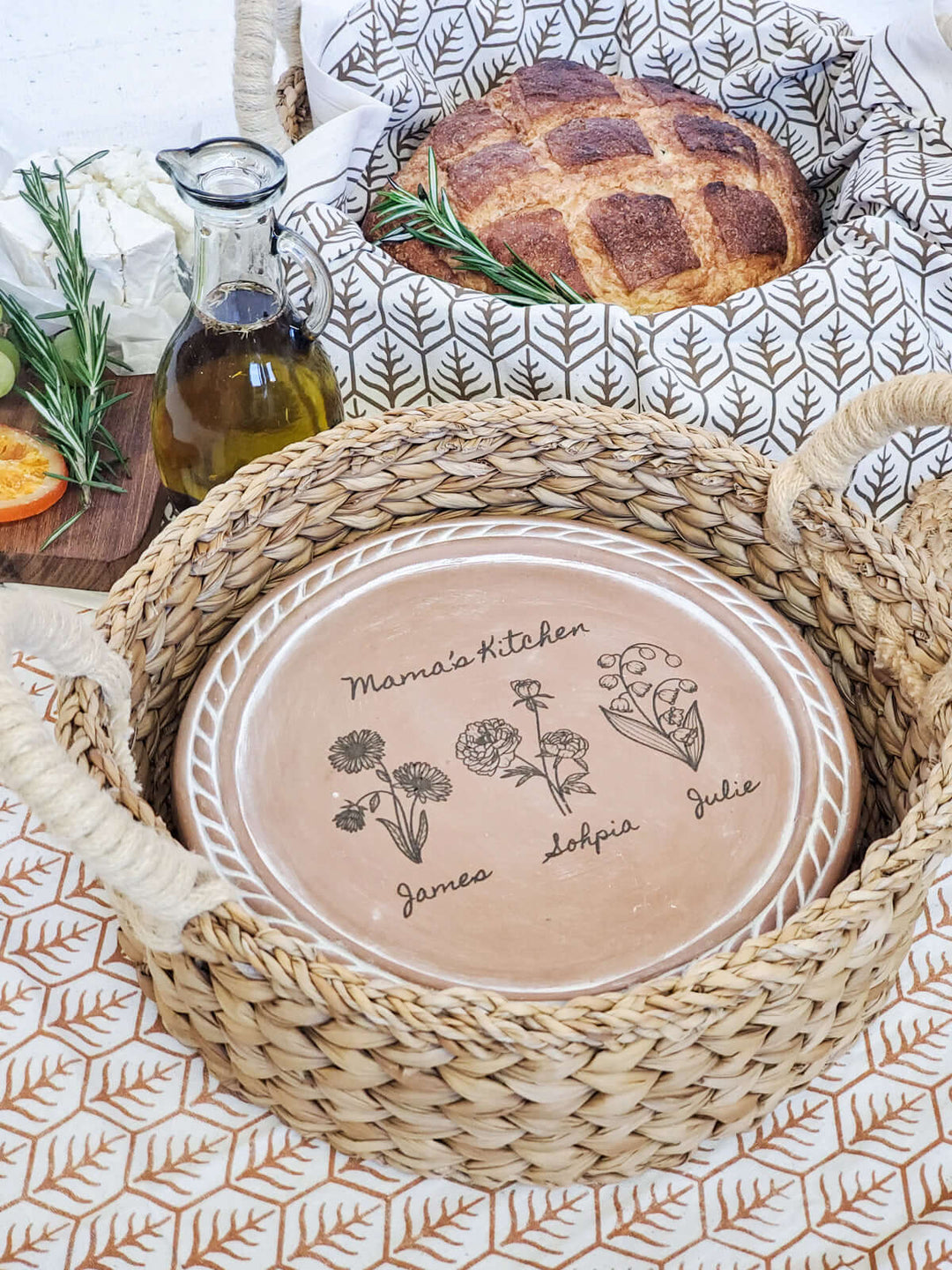 Personalized Bread Warmer & Basket Gift Set with Tea Towel - Birth Flower Round