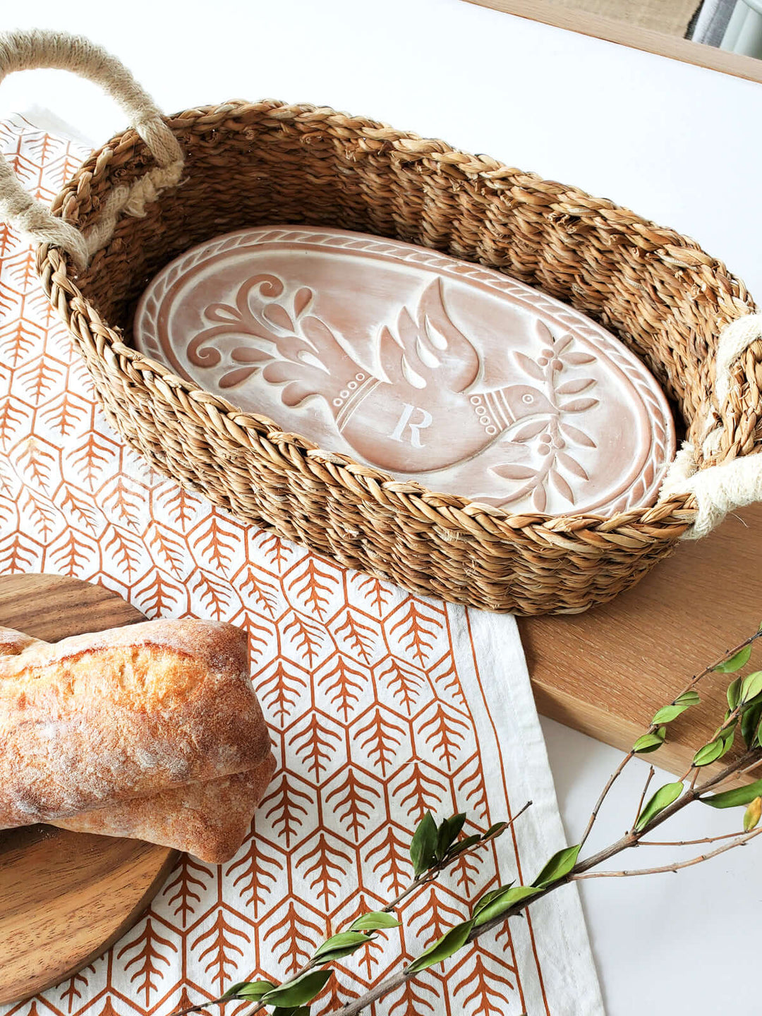 Monogrammed Bread Warmer & Basket - Bird Oval