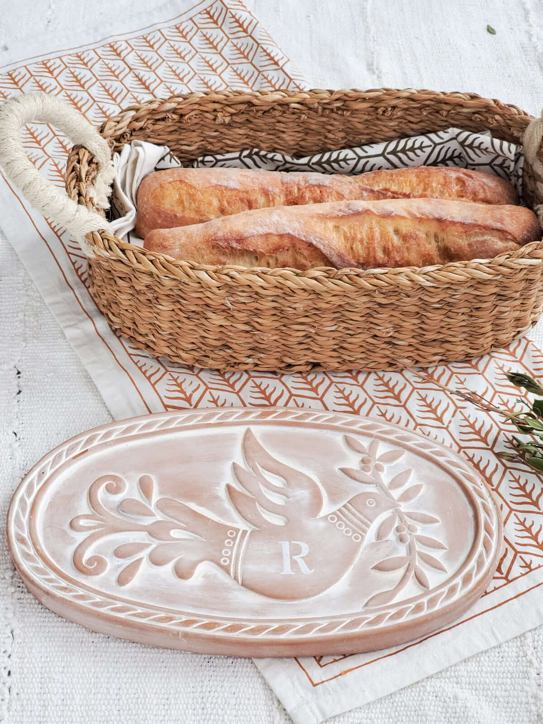 Monogrammed Bread Warmer & Basket Gift Set with Tea Towel - Bird Oval