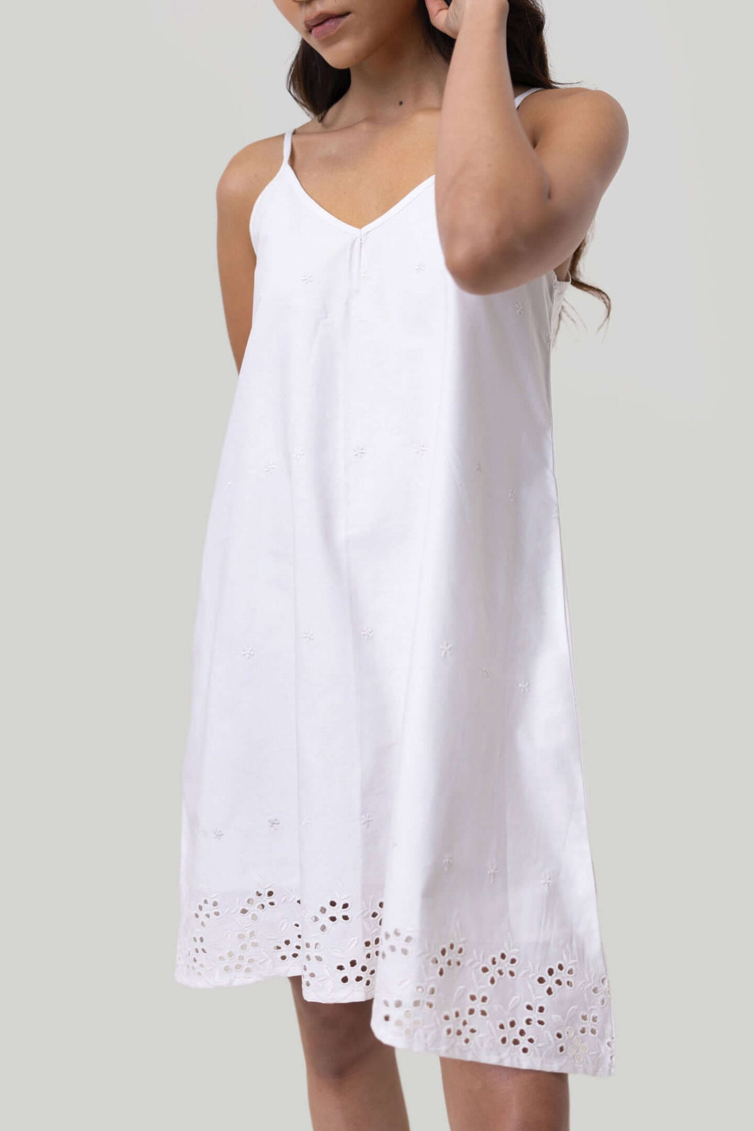 Short Tent Dress in White Embroidery