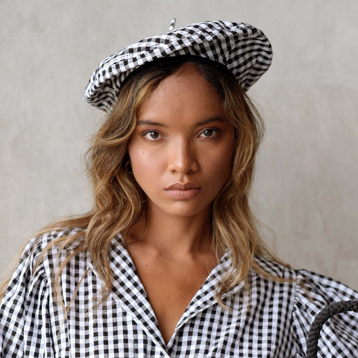 SIMONE Gingham Beret Hat In Black