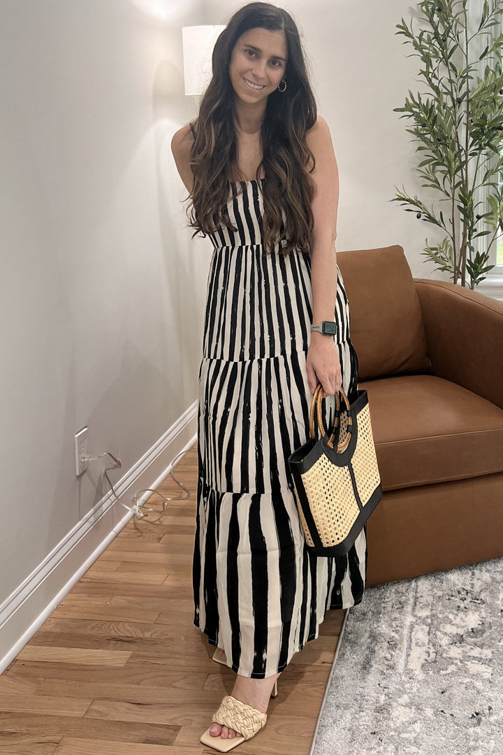 Strappy Tiered Maxi Dress in Black Stripes