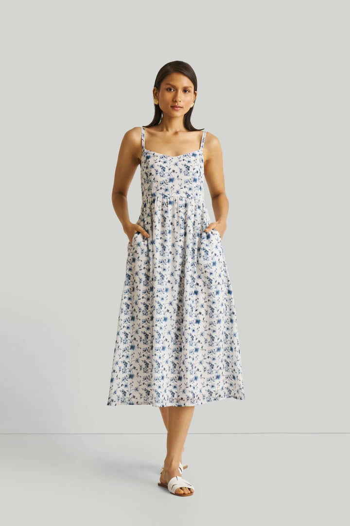 Strappy Gathered Blue Floral Midi Dress