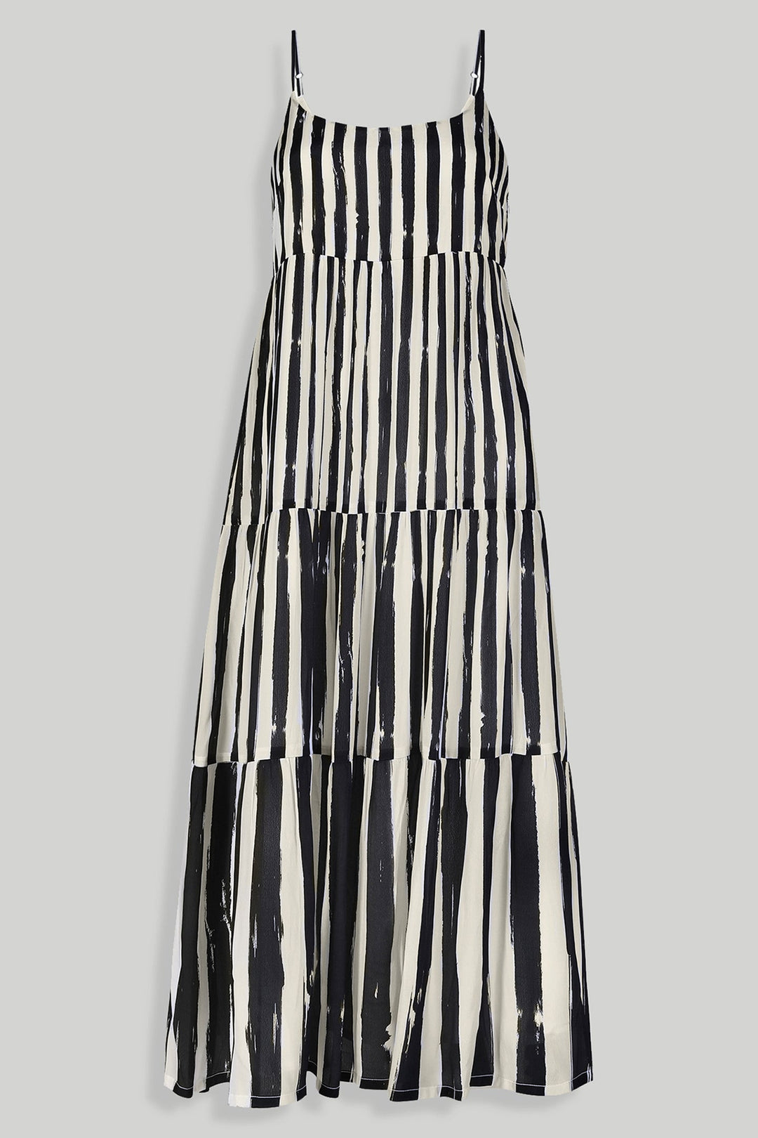 Strappy Tiered Maxi Dress in Black Stripes