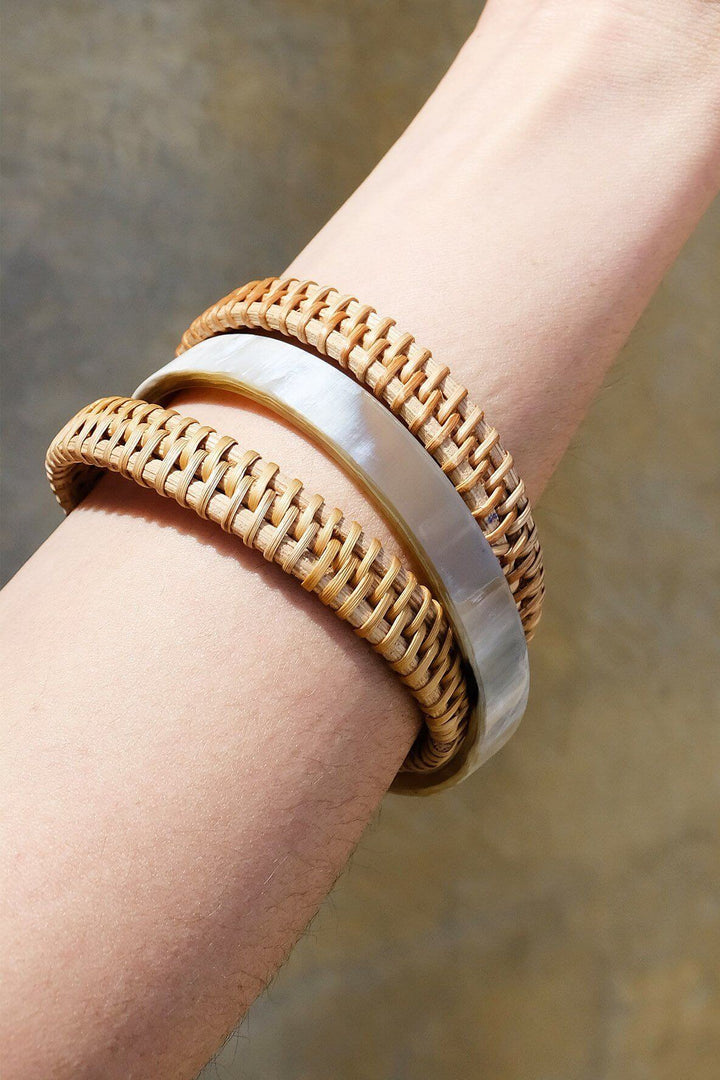 Thuy Binh Buffalo Horn & Handwoven Rattan Bangle Bracelets (3pcs)