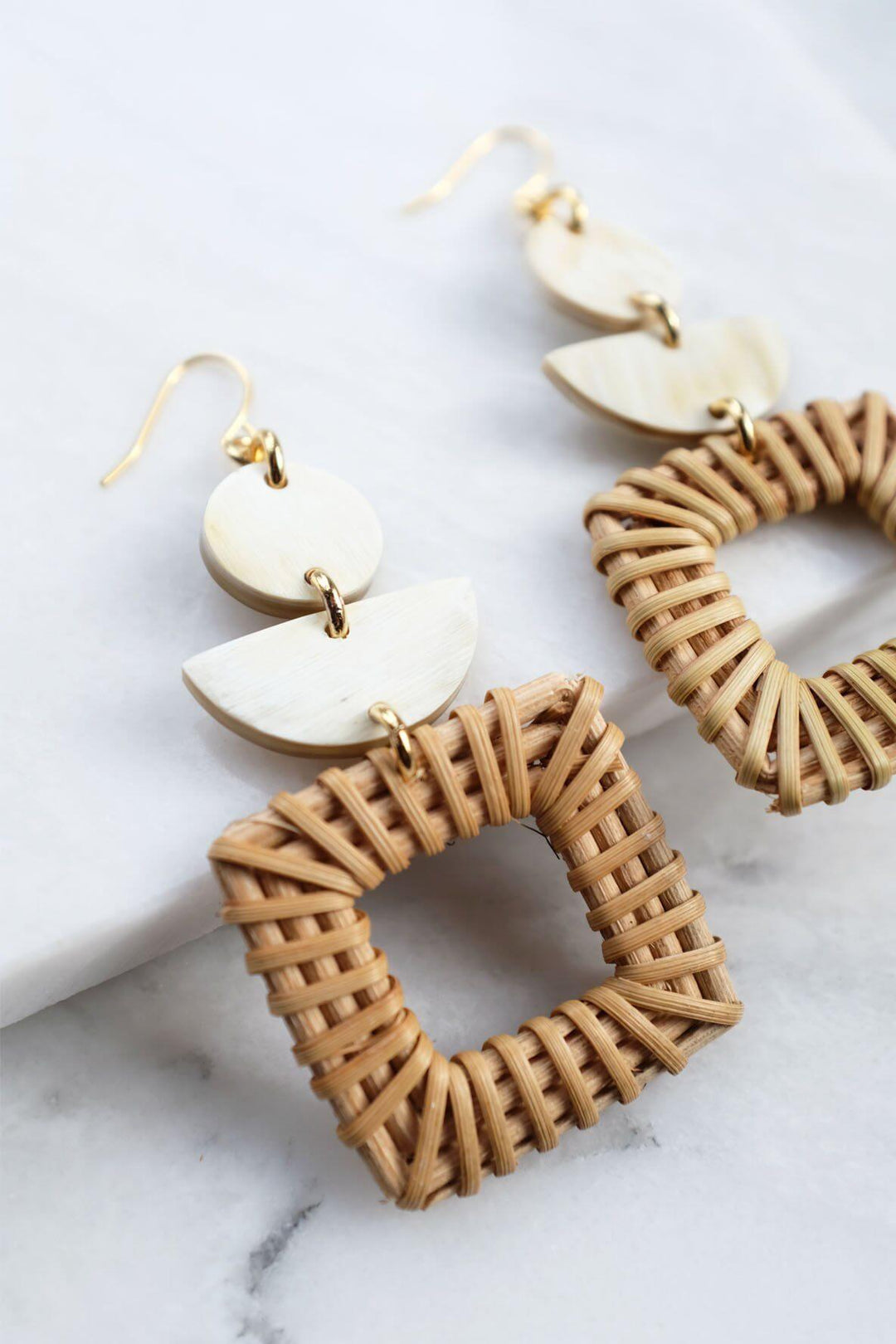 Tu 16K Gold-Plated Brass Buffalo Horn & Rattan/Wicker Square Geo Statement Earrings