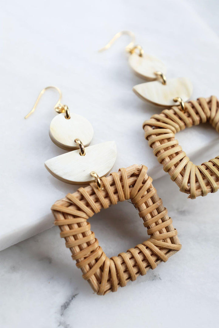 Tu 16K Gold-Plated Brass Buffalo Horn & Rattan/Wicker Square Geo Statement Earrings