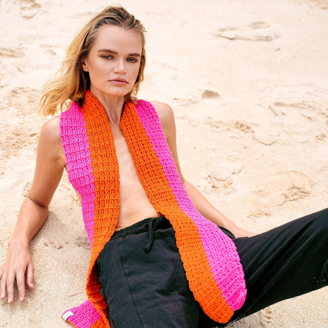 WAFFLE Crochet Scarf in Candy Pink & Tangerine Orange