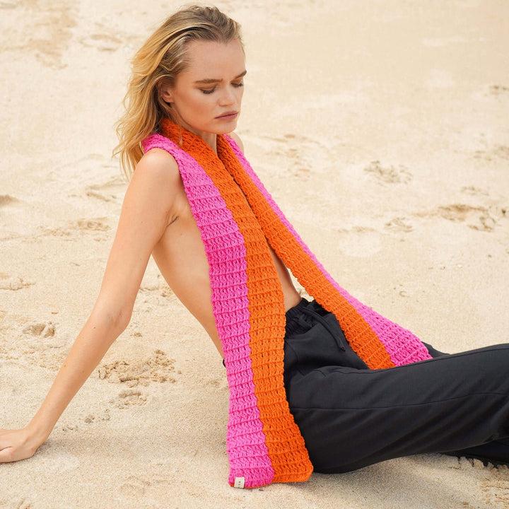 WAFFLE Crochet Scarf in Candy Pink & Tangerine Orange