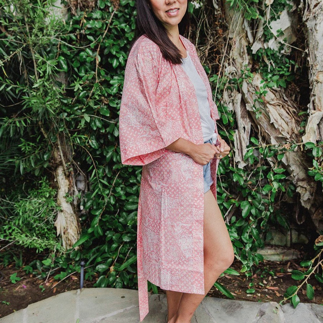 Hand Dyed Batik Robe Kimono, 100% Cotton Pink Wildflower