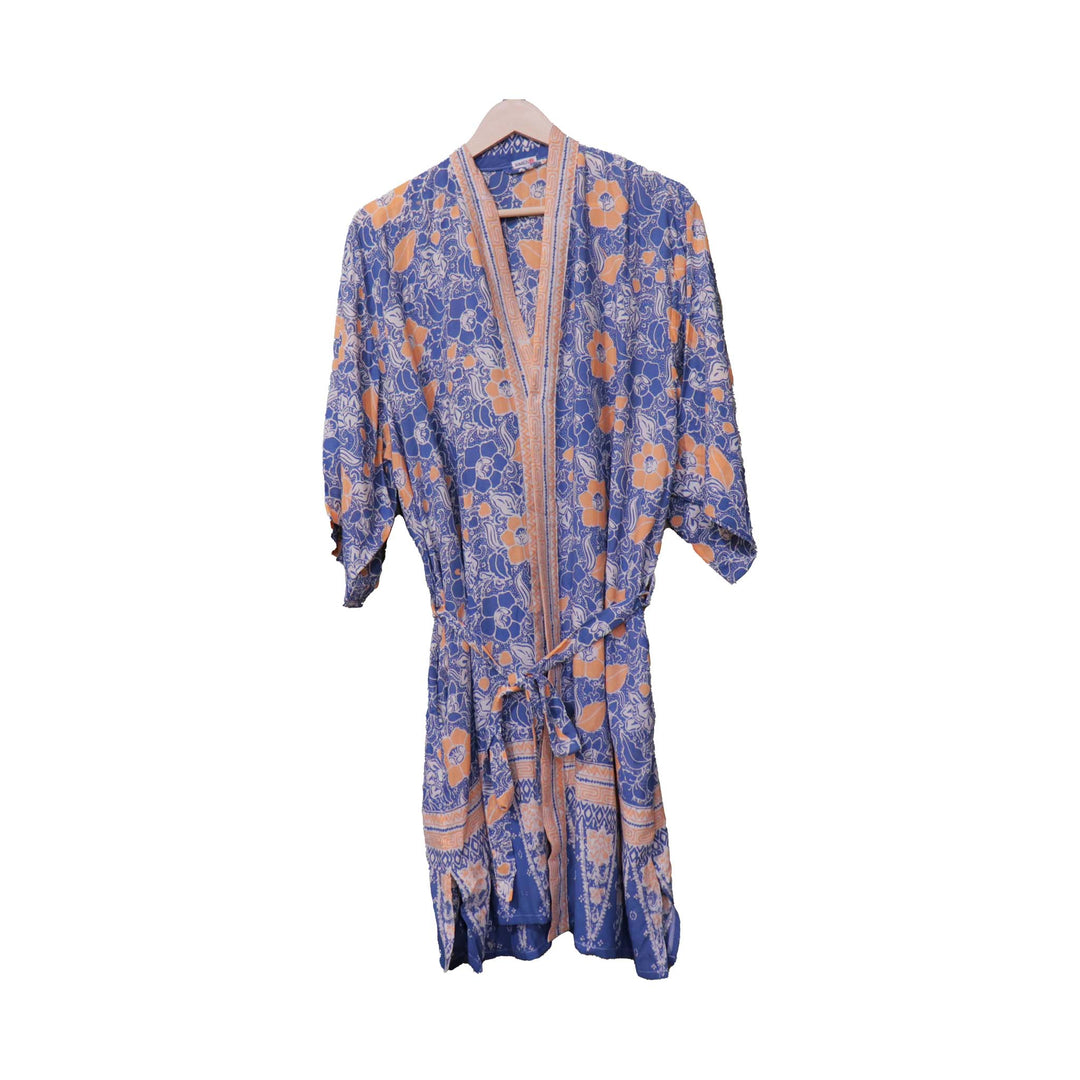 Hand Dyed Batik Robe/ Kimono, Cotton Soft, Sunset Sky, Blue, Orange