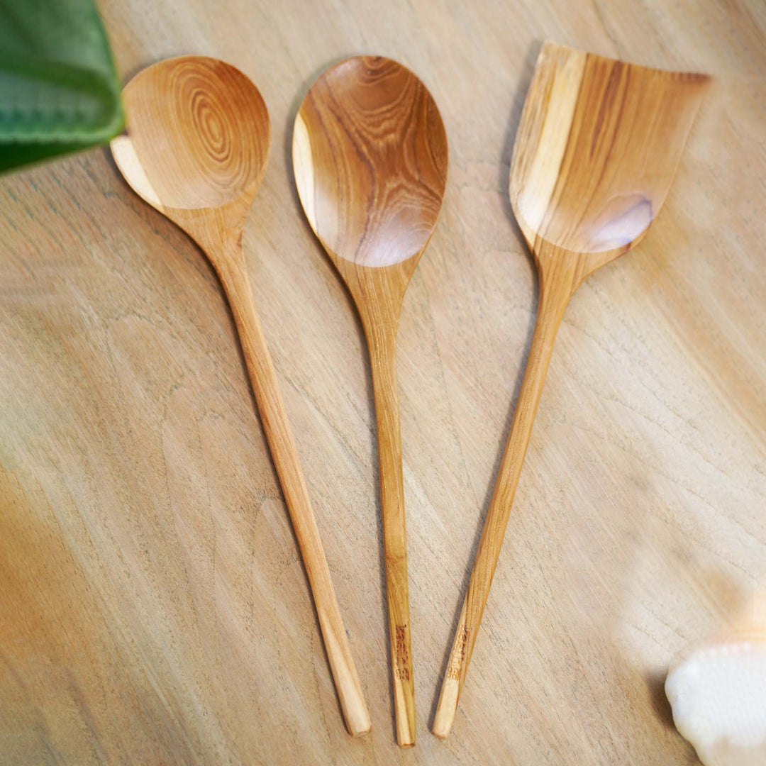 Set of 3 Cooking Kitchen Utensils Teak Wood 14inches ( two spoons and one spatula)