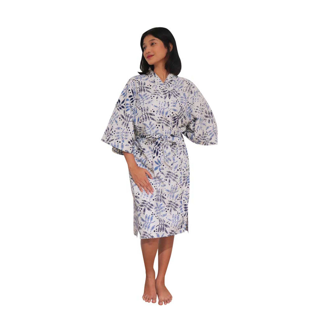 Hand Dyed Batik Robe Kimono, 100% Cotton, White Blue, Floral, Leaf Tamarind