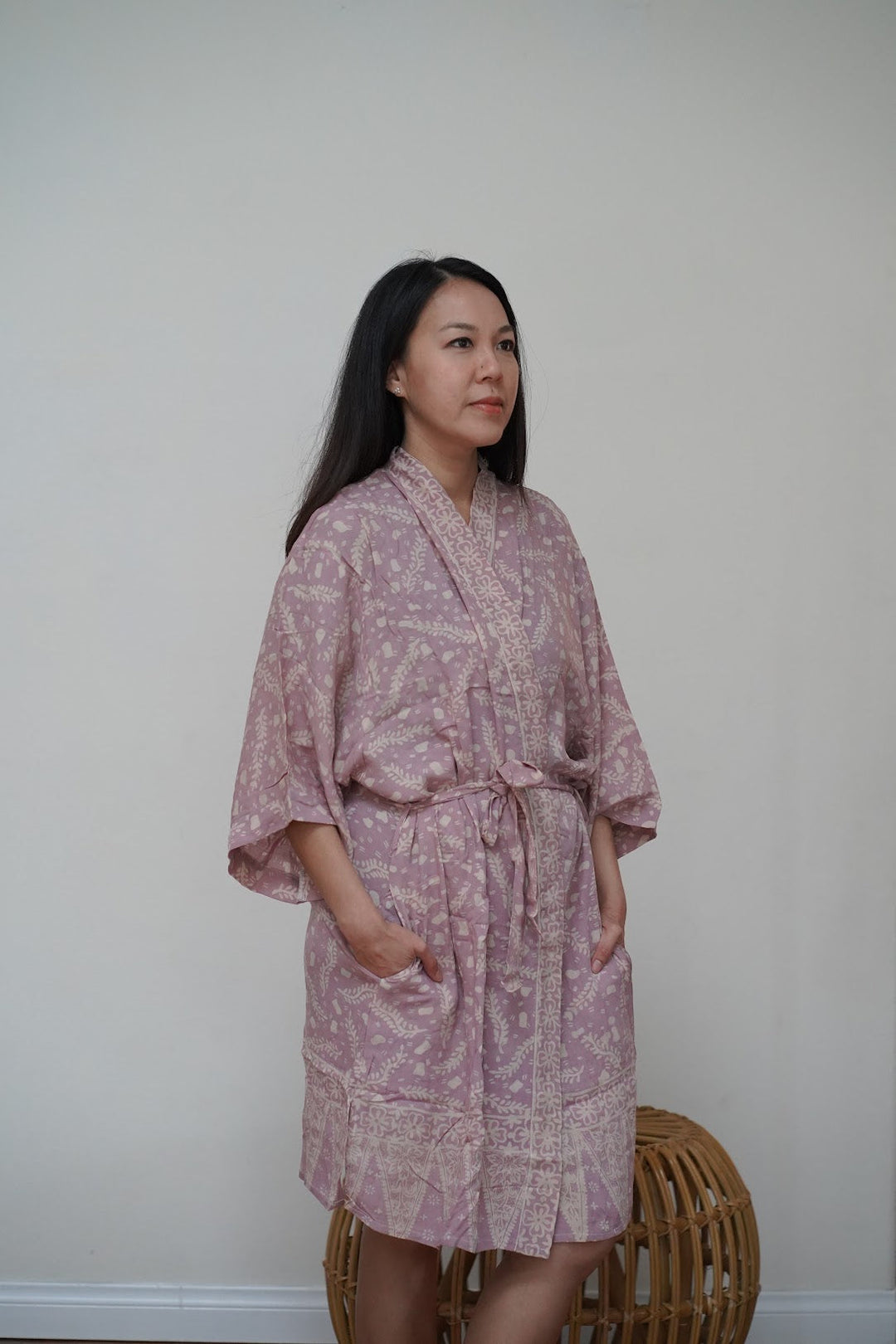 Hand Dyed Batik Robe Kimono, 100% Cotton Soft, Purple Lilac Lavender