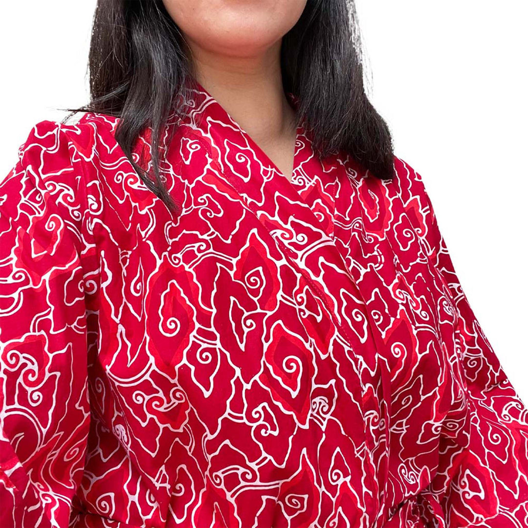 Hand Dyed Batik Robe Kimono, 100% Cotton, Red Storm, Burgundy