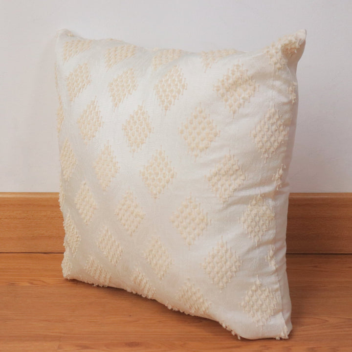 Pillow / Cushion Cover, Handwoven Ikat in Silk & Cotton, Natural Cream, Neutral, White