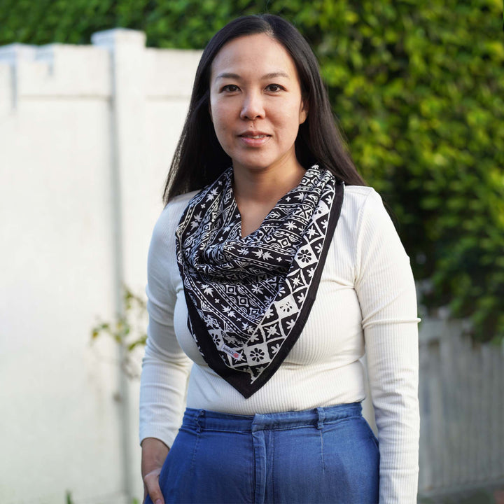 Large 27" Batik Bandana, Hand Dyed, 100% Soft Cotton, Geometric Black & White, XL