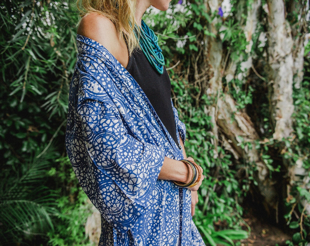 Handmade Batik Robe/ Kimono, Blue Stone, Hand Dyed, 100% Cotton