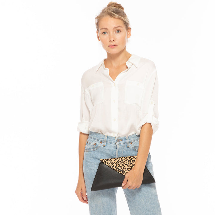 SUSU Black Leather Clutch Bag Leopard Unique Evening Purse Women's Handbag