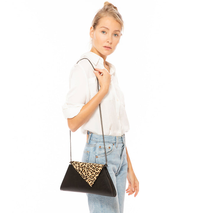 SUSU Black Leather Clutch Bag Leopard Unique Evening Purse Women's Handbag