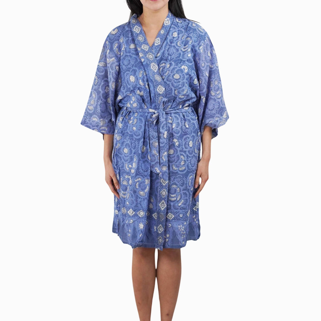 Hand Dyed Batik Robe/ Kimono, Cotton Soft, Blue Roses, Floral, House Duster