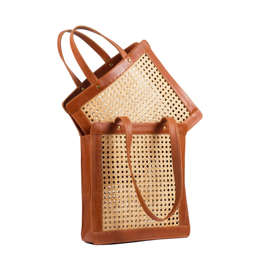 Classic Rattan and Leather Shoulder Tote