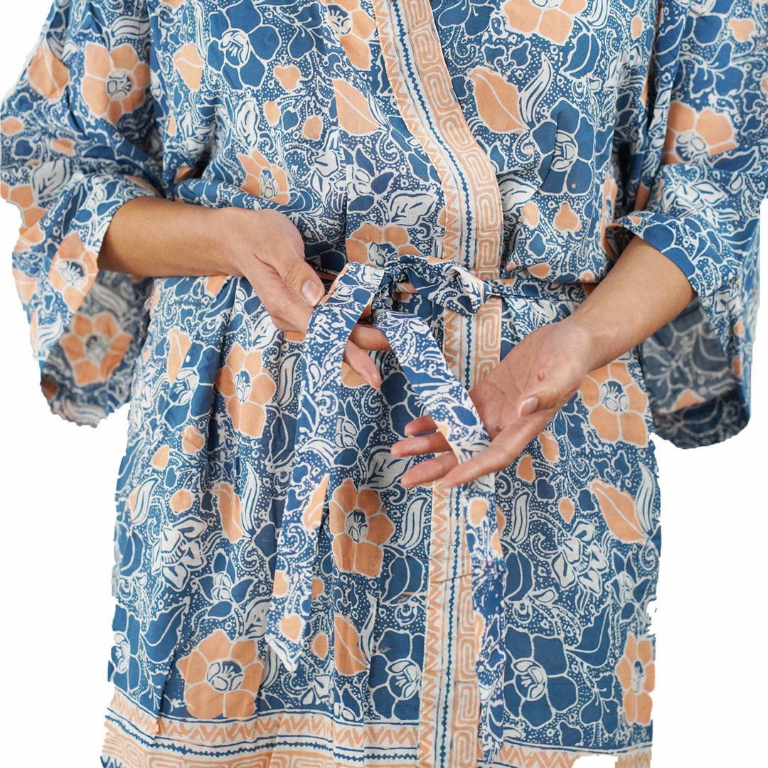 Hand Dyed Batik Robe/ Kimono, Cotton Soft, Sunset Sky, Blue, Orange