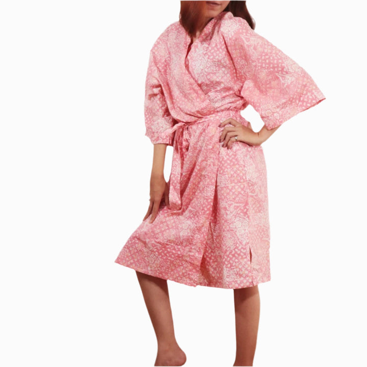 Hand Dyed Batik Robe Kimono, 100% Cotton Pink Wildflower