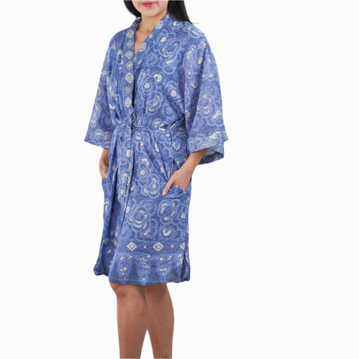 Hand Dyed Batik Robe/ Kimono, Cotton Soft, Blue Roses, Floral, House Duster