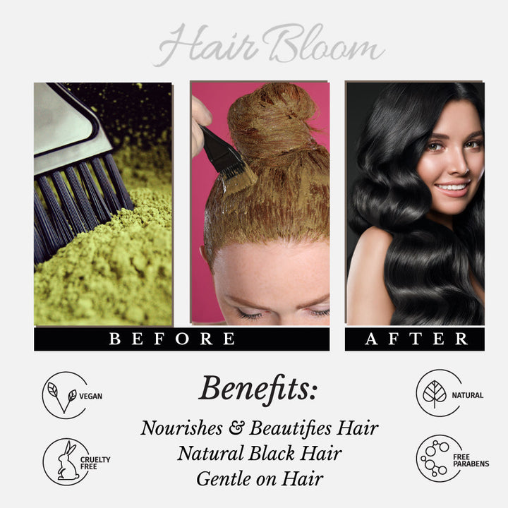 Hair Bloom Natural Jet Black Hair Color- Indigo Powder w/ Mixed Himalayan Herbs Hair Color Powder- 12 individual sachets (10 gm each)- Reusable Brush & Tray Included