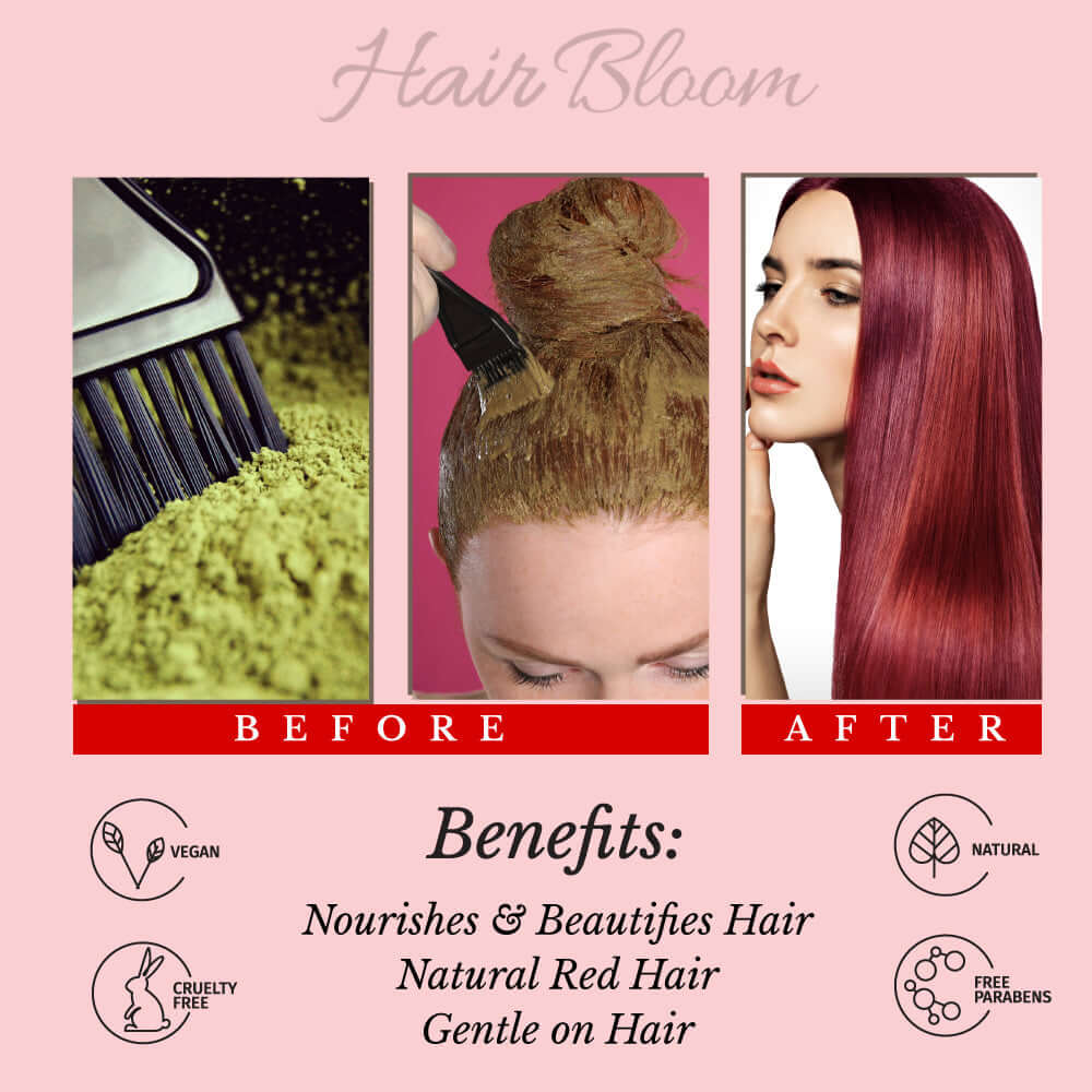 Hair Bloom Natural Red Hair Color- Henna w/ Mixed Himalayan Herbs Hair Color Powder- 12 Individual Sachets (10 gm each)- Reusable Brush & Tray Included