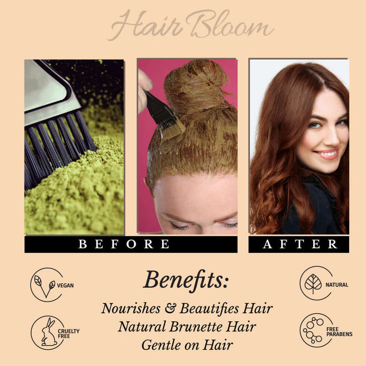 Hair Bloom Natural Brunette Hair Color- Herbal Henna & Indigo Mix Hair Color Powder- 12 individual sachets (10 gm each)- Reusable Brush & Tray Included