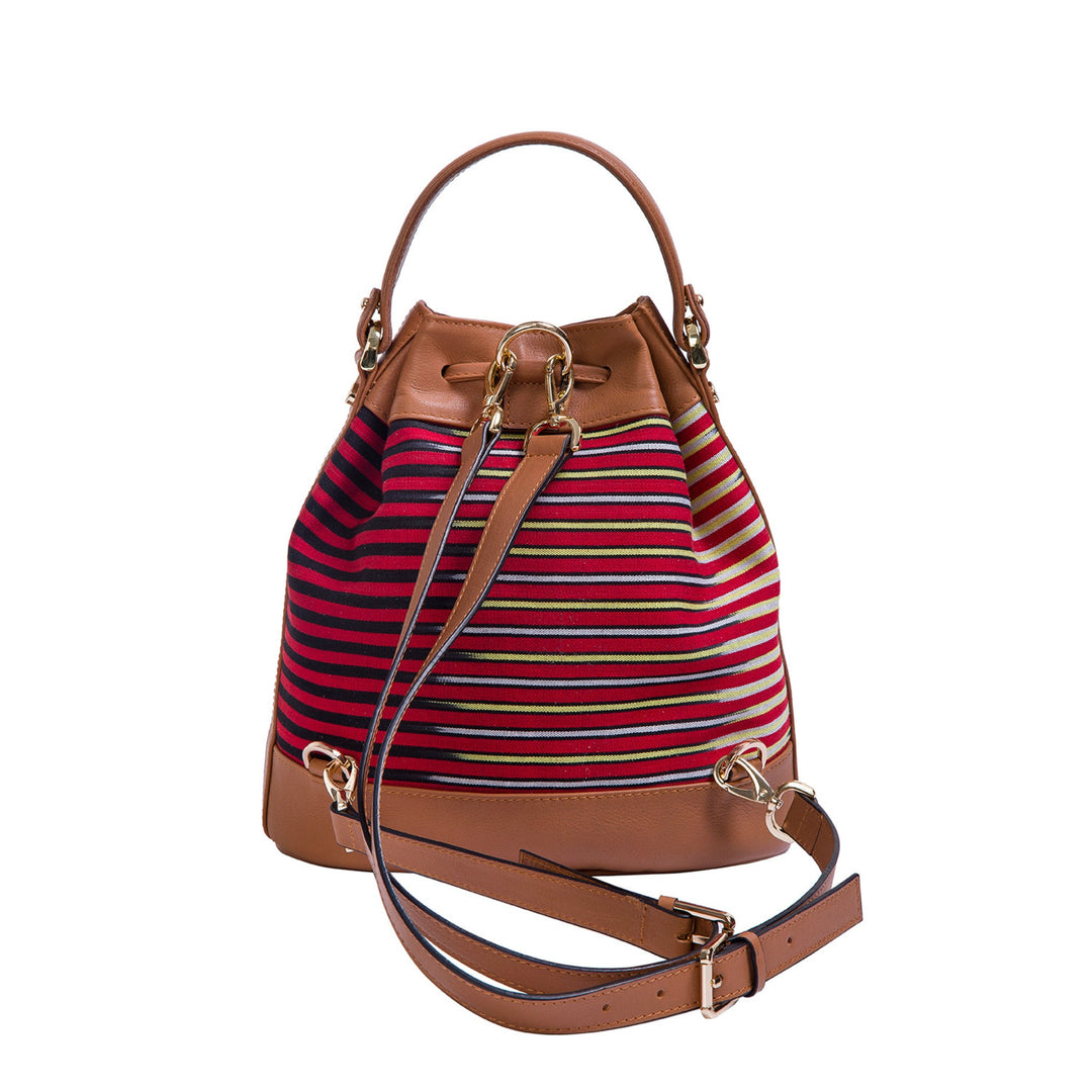 Brown Leather & Striped Fabric Pattern Convertible Bag