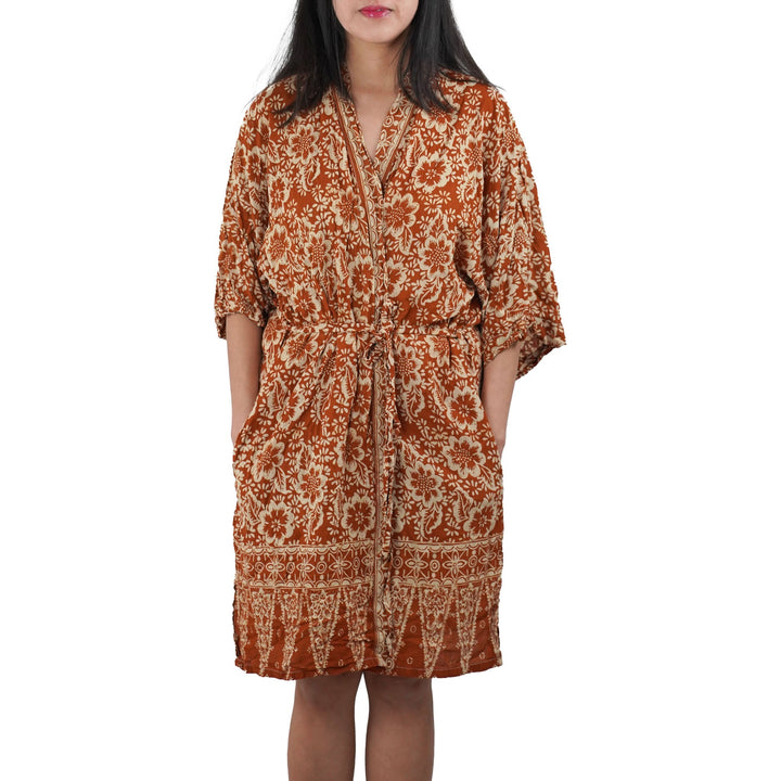 Handmade Batik Robe Kimono, 100% Cotton Soft Lightweight, Orange, Fall, Autumn, Yellow, Sunflowers