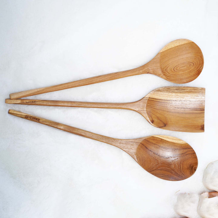 Set of 3 Cooking Kitchen Utensils Teak Wood 14inches ( two spoons and one spatula)