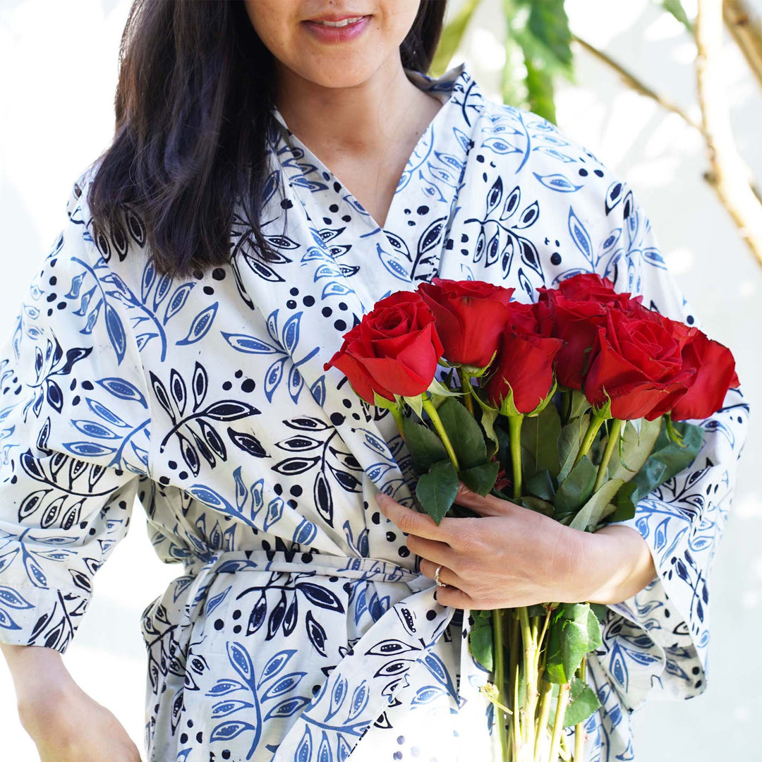 Hand Dyed Batik Robe Kimono, 100% Cotton, White Blue, Floral, Leaf Tamarind