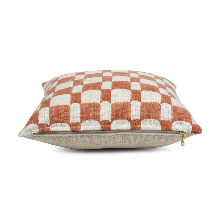 Checkered Block Printed Pillow - Rust