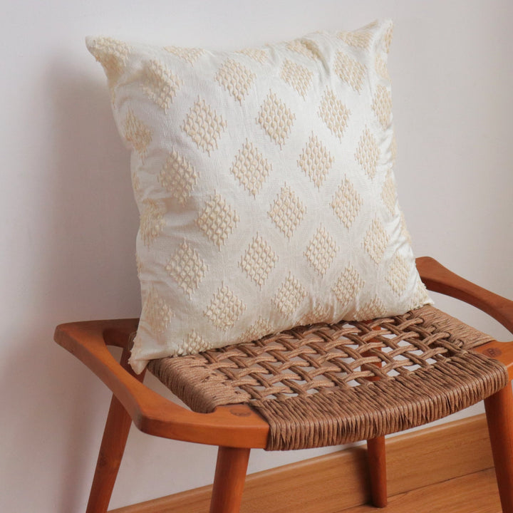 Pillow / Cushion Cover, Handwoven Ikat in Silk & Cotton, Natural Cream, Neutral, White